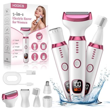 HOOICB Electric Razor for Women, 5 in 1 Rechargeable Cordless Bikini Trimmer, Shaver for Women, Pink