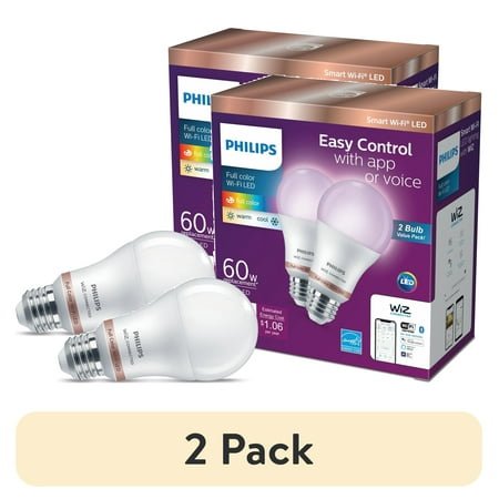 (2 pack) Philips Smart Wi-Fi Connected LED 60-Watt A19 Light Bulb, Frosted Color & Tunable White, Dimmable, E26 Medium Base (2-Pack)