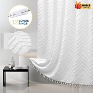 Siiluminisoy White Fabric Shower Curtains , Mildew-Resistant,Weighted-Hem Boho Bathroom Curtain,Water-Repellent, Machine-Washable,Chevron Textured Design,72 x 72