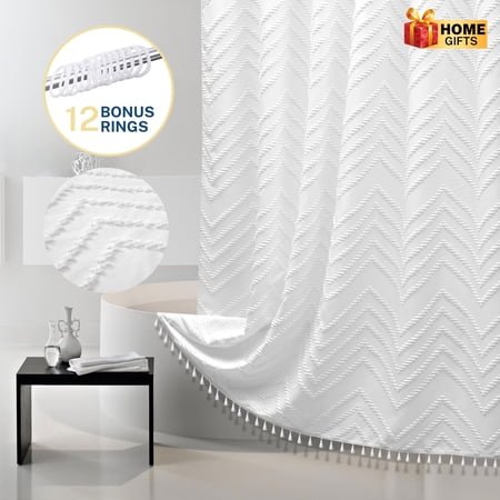 Siiluminisoy White Fabric Shower Curtains , Mildew-Resistant,Weighted-Hem Boho Bathroom Curtain,Water-Repellent, Machine-Washable,Chevron Textured Design,72 x 72