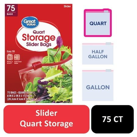 Great Value Fresh Seal Slider Zipper Quart Storage Bags, 75 Count