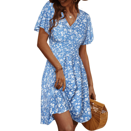 UVN Summer Dresses for Women Short Sleeve V Neck A-Line Midi Dress Boho Beach Floral Print Sundress