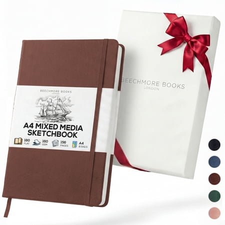 Beechmore Books A4 Sketchbook – 8.5x11" Premium Vegan Leather Bound Large Sketch Book Hardcover With 156 Thick 160gsm Perforated Ivory Pages, Blank Sketch Pad, Gift Boxed, Back Pocket Ribbon Bookmark