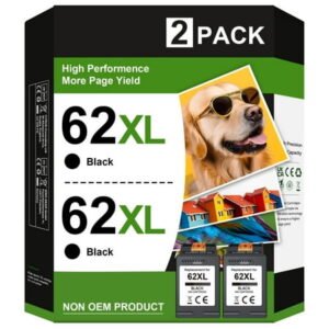62XL Black Ink Cartridges replacement for HP 62XL Black 62 XL for Envy 5540 5640 5660 Officejet 5740 8040 OfficeJet 200 250 Series Printer (2 Black)