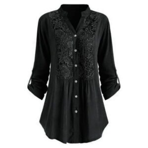 Women's Henley V Neck Floral Lace Crochet Blouse Tops 3/4 Cuffed Sleeve Summer Casual Roll-up Sleeve Button Down Tunic Shirt