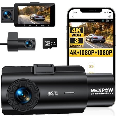 NEXPOW 4K 3 Channel Dash Cam Front Rear Cabin, WDR Night Vision, 170° Wide Angle, Built-in WiFi App Control, 4K+1080P+1080P, G-Sensor, 32GB SD Card, Loop Recording, 24H Parking Mode
