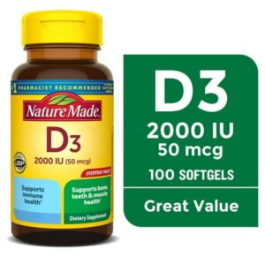 Nature Made Vitamin D3 2000 IU (50 mcg) Softgels, Vitamin D Supplement for Bone and Immune Health Support, 100 Count