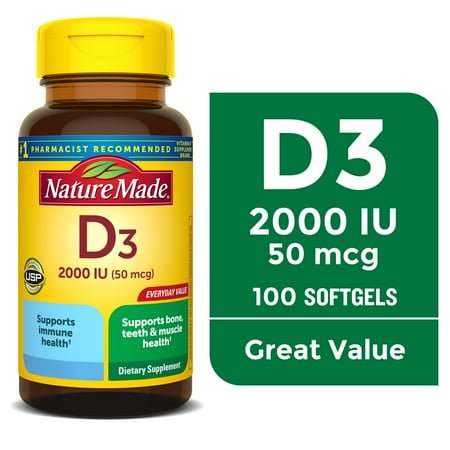 Nature Made Vitamin D3 2000 IU (50 mcg) Softgels, Vitamin D Supplement for Bone and Immune Health Support, 100 Count