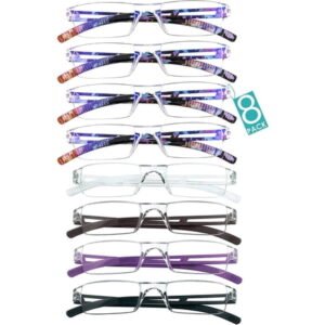 8 Pairs Reading Glasses, Blue Light Blocking Computer Glasses for Women and Men, Fashion Square Eyewear Frame (4color+4bluefloral,+1.00 Magnification)