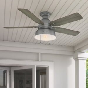 Hunter 52 inch Outdoor or Indoor Ceiling Fan with LED Light - Rustic Ceiling Fan with Pull Chain, For Bedroom, Living Room, or Patio, Low Profile Mount, No Remote - Mill Valley 59311, Matte Silver