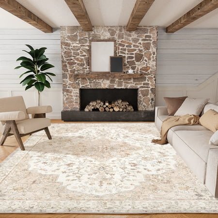 CHITOOMA 8'x10' Boho Area Rugs for Living Room, Machine Washable Floral Area Rug with Non-Slip Backing, Stain Resistant Non-Shed Carpet for Bedroom, Dining Room, Dorm, Office