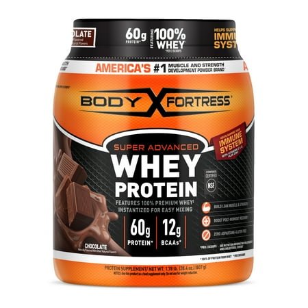 Body Fortress Super Advanced 100% Premium Whey Protein Powder, Chocolate, 60g Protein, Immune Support , Vitamins C & D Plus Zinc, 1.78 lbs (Packaging May Vary)