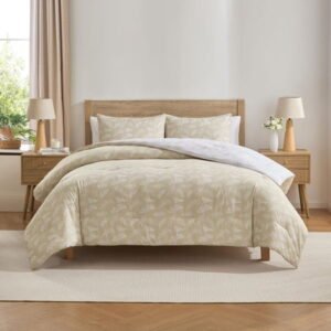 Virtu Comforter Sets, All Season Lightweight Botanical Queen Comforter Set, 3-Pc Bedding Sets, Oatmeal/Offwhite