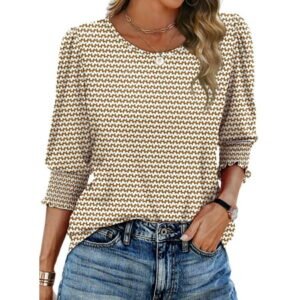 Fantaslook Blouses for Women Dressy Casual 3/4 Length Sleeve Womens Tops with Smocked Cuffs Fashion Shirts