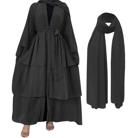 IBTOM CASTLE Muslim Chiffon Abaya for Women Open Front Cardigan Modest Dress with Hijab Scarf Middle East Arabian Robe Islamic Long Dress M Black