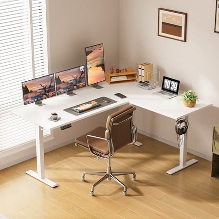 L-Shaped Standing Desk 63 x 47 inch, Height Adjustable Electric Corner Standing Desk, Sit-Stand Computer Desk for Home Office, White