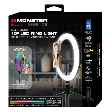 Monster 10” Multicolor LED Ring Light With Flexible Tripod, Ideal For Videos/Streaming