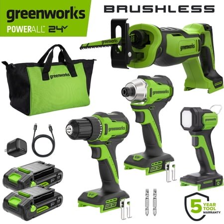 Greenworks PowerAll 24V Brushless 280 in-lbs Drill/Driver and 1,800in-lbs Impact Driver and 3200 Recip Saw and Light, (2) 2Ah Batteries, 30W Block and Cable, CK344A1