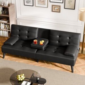 Walsuuny Futon Sofa Bed Adjustable Futon with 2 Cup Holders & Removable Arms Convertible Folding Recliner faux leather sofa,Black