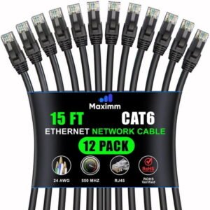 Maximm Cat 6 Ethernet Cable 15 Ft, (12-Pack) LAN, Internet, Patch and Network Cable - UTP (Black) 15 Feet Cord