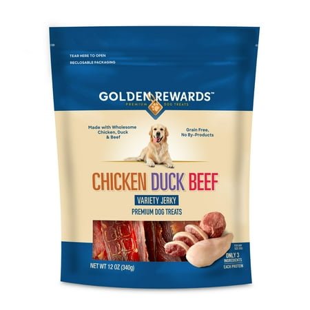 Golden Rewards Chicken, Duck and Beef Premium Variety Dry Jerky Treats for Dogs, 12 oz Bag