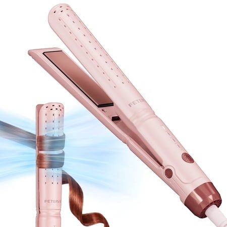 FETERVIC 2-in-1 Airflow Curling Iron Flat Iron, Hair Straightener & Curler, 1 inch Curling Wand with 20 Million Negative Ions, 4 Temp Settings, Dual Voltage for Travel