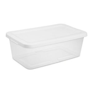 Sterilite 6 Quart Small Storage Bin, Clear Plastic Storage Container with Snap-On Lid, White