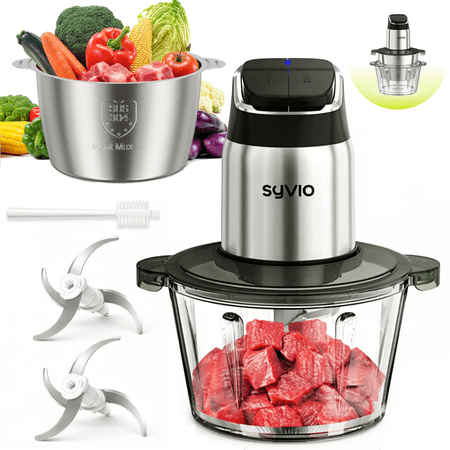 Syvio 2-Speed Food Processor with Dual 8-Cup Bowls (Stainless Steel & Glass) - Upgraded Safety Features, Smart Overheat Protection Light, Powerful Motor, Includes 2 Blades & Cleaning Brush