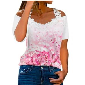 Ichuanyi Womens Tops Summer Women's Casual Off The Shoulder Lace Regular Fit Short Sleeve Tops V-Neck Shirt Tops