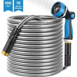 OHHANI Garden Hose, 100 ft x 5/8", Stainless Steel Hose with 10-Function Sprayer, No Kink