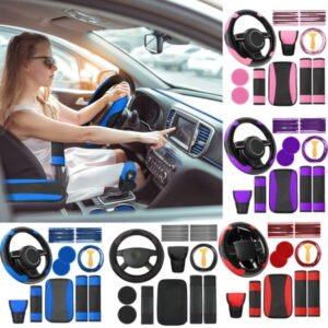 Car Interior Accessories Set – Universal Steering Wheel Cover, Seat Belt Pads, Armrest Cushion, Cup Coasters, Dashboard Mat, Door Trim for SUV, Truck, Sedan