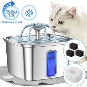 Ophanie 108oz/3.2L Stainless Steel Cat Water Fountain with Replacement Filters & Silicone Mat, Automatic Water Dispenser for Cat and Dogs, Electric Drinking Bowl Suitable for Multiple Pets, Silver
