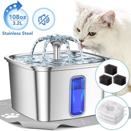 Ophanie 108oz/3.2L Stainless Steel Cat Water Fountain with Replacement Filters & Silicone Mat, Automatic Water Dispenser for Cat and Dogs, Electric Drinking Bowl Suitable for Multiple Pets, Silver