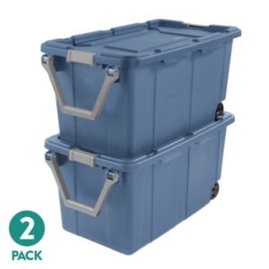 Sterilite Extra-Large Wheeled Industrial Storage Bin, 40 Gallon Durable Plastic Storage Tote with Latching Lid and Pull Handle, Blue, 2 Pack
