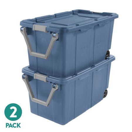 Sterilite Extra-Large Wheeled Industrial Storage Bin, 40 Gallon Durable Plastic Storage Tote with Latching Lid and Pull Handle, Blue, 2 Pack