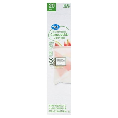 Great Value 25% Plant-Based Compostable Gallon Food Storage Bags, 20 Count