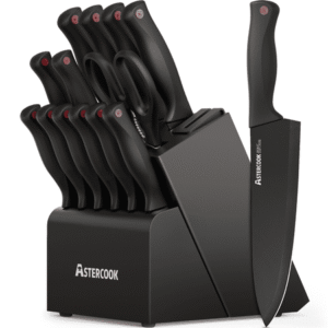 Astercook 14-Piece Kitchen Knife Set, Knives Block Set with Built-in Sharpener, Healthy Anti-Rust Coating & German Stainless Steel Knife Set, Dishwasher Safe Black