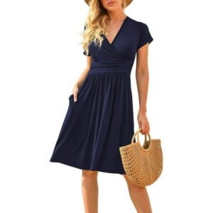 PPYOUNG Women's Summer Casual Short Sleeve V-Neck Short Party Dress with Pockets