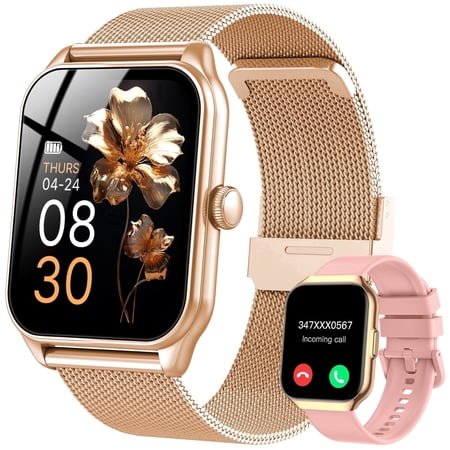 Smart Watch for Women for iPhone Android: 1.83"Smartwatch with Make/Answer Bluetooth Call IP68 Waterproof Smart Watch 120+Sport Mode 200+ Dials Fitness Tracker 2 Bands Gold Pink