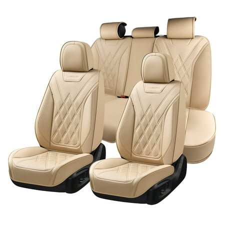 Coverado Full Set Covers For Cars, Waterproof Faux Leather Front and Rear Seat Protectors, Auto Cushions Universal Fit for Most Cars, Beige