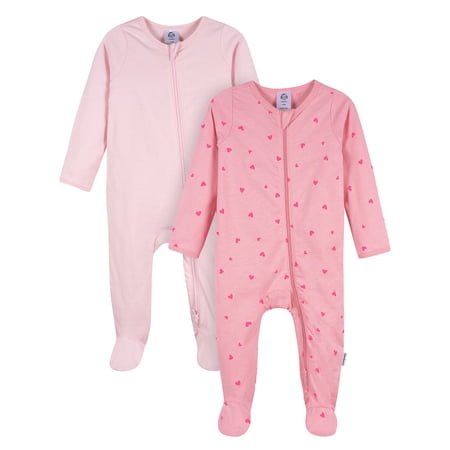 Gerber Baby Girl 2-Way Zipper Cotton Sleep 'N Play Footed Pajamas, 2-Pack, Sizes Newborn - 3/6 Months