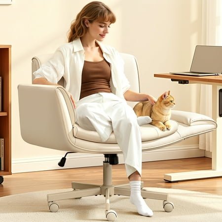 COOLHUT Criss Cross Office Chair, PU Leather Vanity Chair with Armrests and Wheels, Comfy Adjustable Swivel Ergonomic Criss Cross Chair for Home Office Bedroom Makeup, Beige