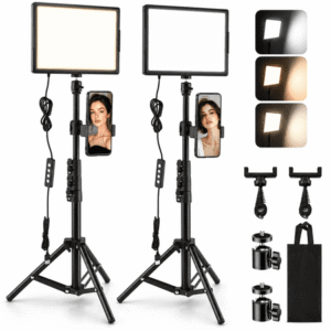 TIKBBRMG 15W Studio Selife Light with 50" Tripod Stand and Phone Holders, 2 Pack 12'' LED Video Light Kit Phone Light, 2800-6500K, Photography Lighting for Video Recording, Game Streaming
