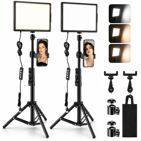 TIKBBRMG 15W Studio Selife Light with 50" Tripod Stand and Phone Holders, 2 Pack 12'' LED Video Light Kit Phone Light, 2800-6500K, Photography Lighting for Video Recording, Game Streaming