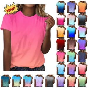 Danhjin Womens Round Neck Short Sleeve Cute T Shirts Gradient Color Summer Tops Casual Loose Tees Trending Nows