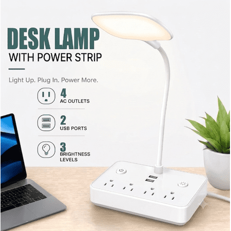 BOHASHIN LED Desk Lamp with 2 USB Charging Ports and 4 AC Outlets, 2 Color Temperatures and 4ft Extension Cord for reading, Working, Studying