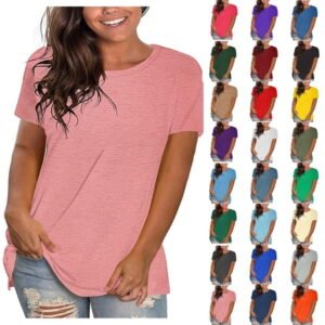 Summer Women Blouses Sawvnm Summer Tops for Women Blouse Spring Printed Mid-length 3/4 Sleeves O-Neck Casual Teen Tops T-shirt for Beach Party Pink L