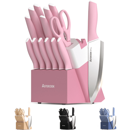 Astercook Knife Set, 14 Pieces Kitchen Knives Set with Healthy Anti-Rust Coating, Stainless Steel Knife Sets with Built-in Sharpener, Sharp & Rust Resistant Dishwasher Safe Pink