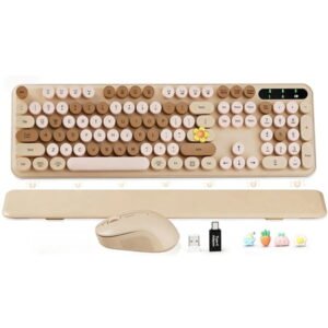 Wireless Keyboard and Mouse Combo Latte, Retro Round Keycaps, Full Size with Detachable Wrist Rest, 2.4G for PC Mac Windows
