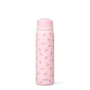 Ello Flip & Fill 22oz Insulated Stainless Steel Water Bottle With Leak-Proof Straw Lid, Cherries